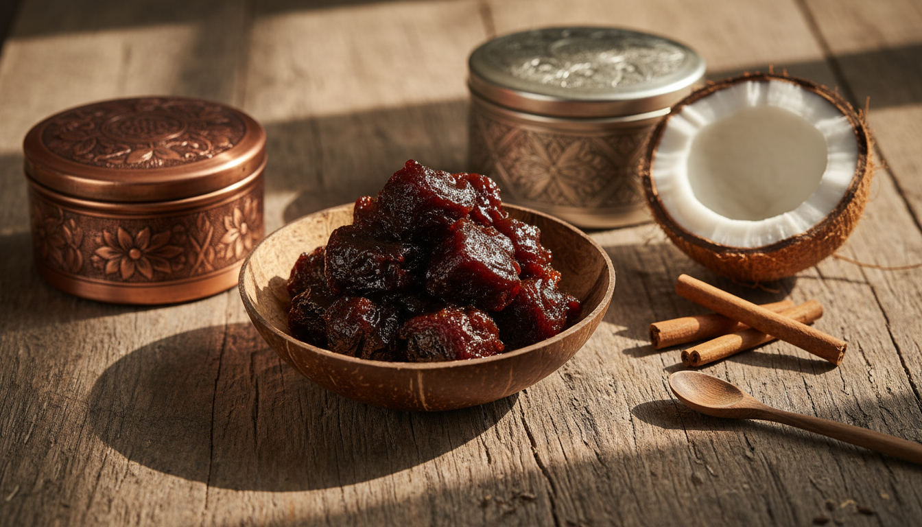 Dodol in a coconut-shell bowl beside a halved coconut and copper tins